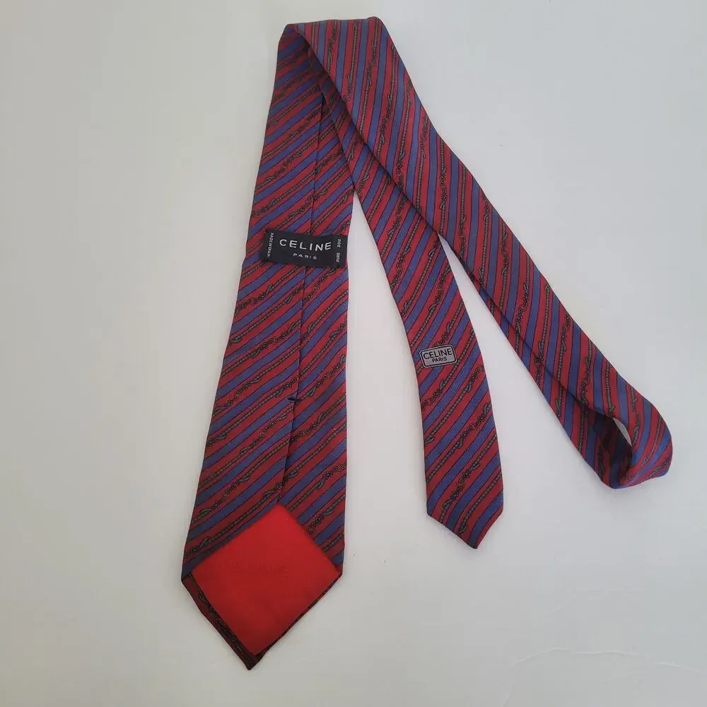 Celine Men's Neck Tie Made In Spain Designer‎ Silk Blue Red Stripped Ropes